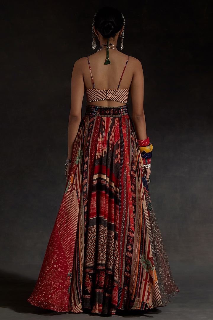Sindoor Red Sheer Silk Printed Layered Skirt Set by ASEEM KAPOOR at Pernia's Pop Up Shop