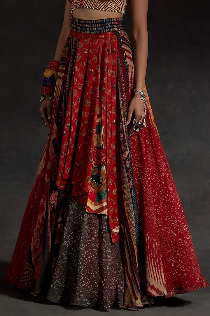 Sindoor Red Sheer Silk Printed Layered Skirt Set by ASEEM KAPOOR at Pernia's Pop Up Shop