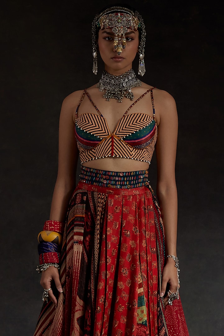 Sindoor Red Sheer Silk Printed Layered Skirt Set by ASEEM KAPOOR at Pernia's Pop Up Shop