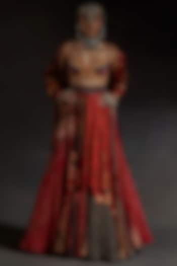 Sindoor Red Sheer Silk Printed Layered Skirt Set by ASEEM KAPOOR at Pernia's Pop Up Shop