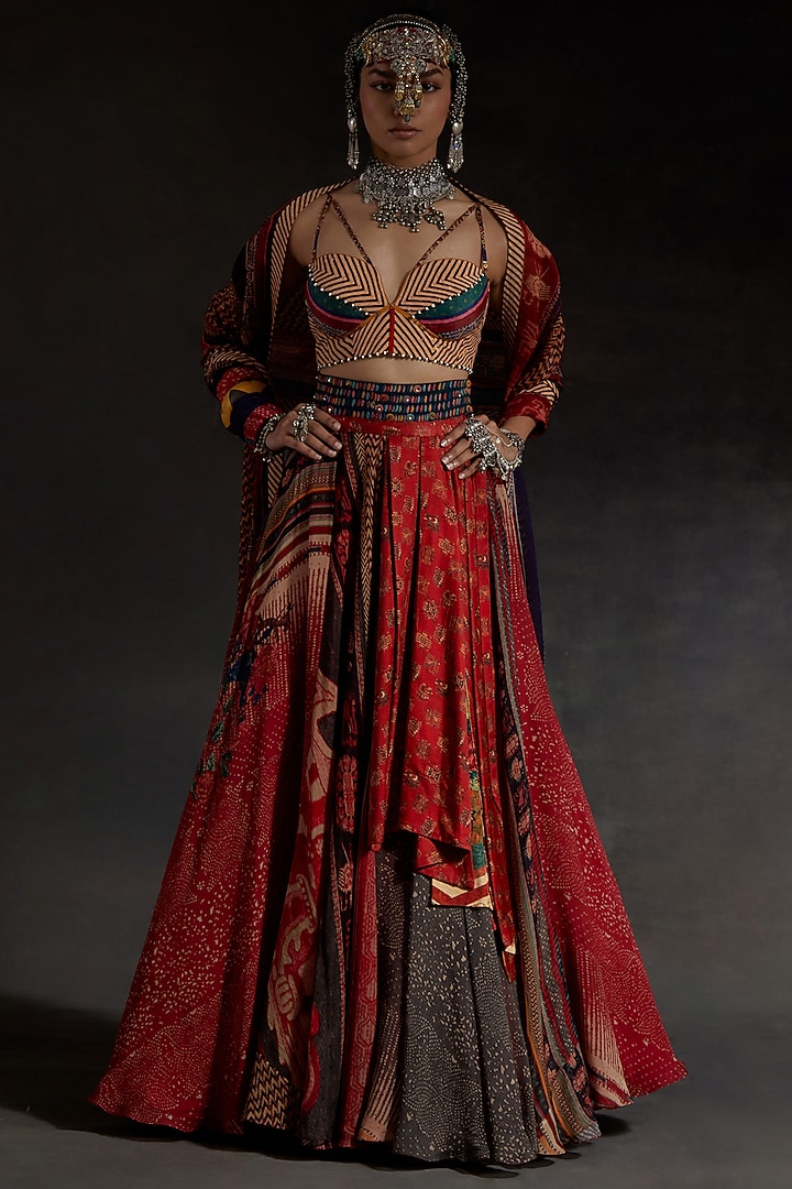 Sindoor Red Sheer Silk Printed Layered Skirt Set by ASEEM KAPOOR at Pernia's Pop Up Shop