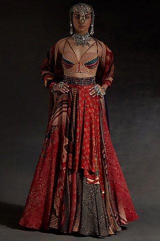 Sindoor Red Sheer Silk Printed Layered Skirt Set by ASEEM KAPOOR