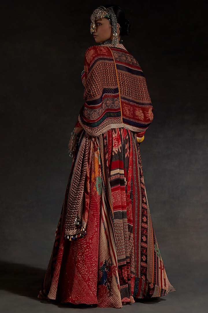 Sindoor Red Sheer Silk Printed Layered Skirt Set by ASEEM KAPOOR at Pernia's Pop Up Shop