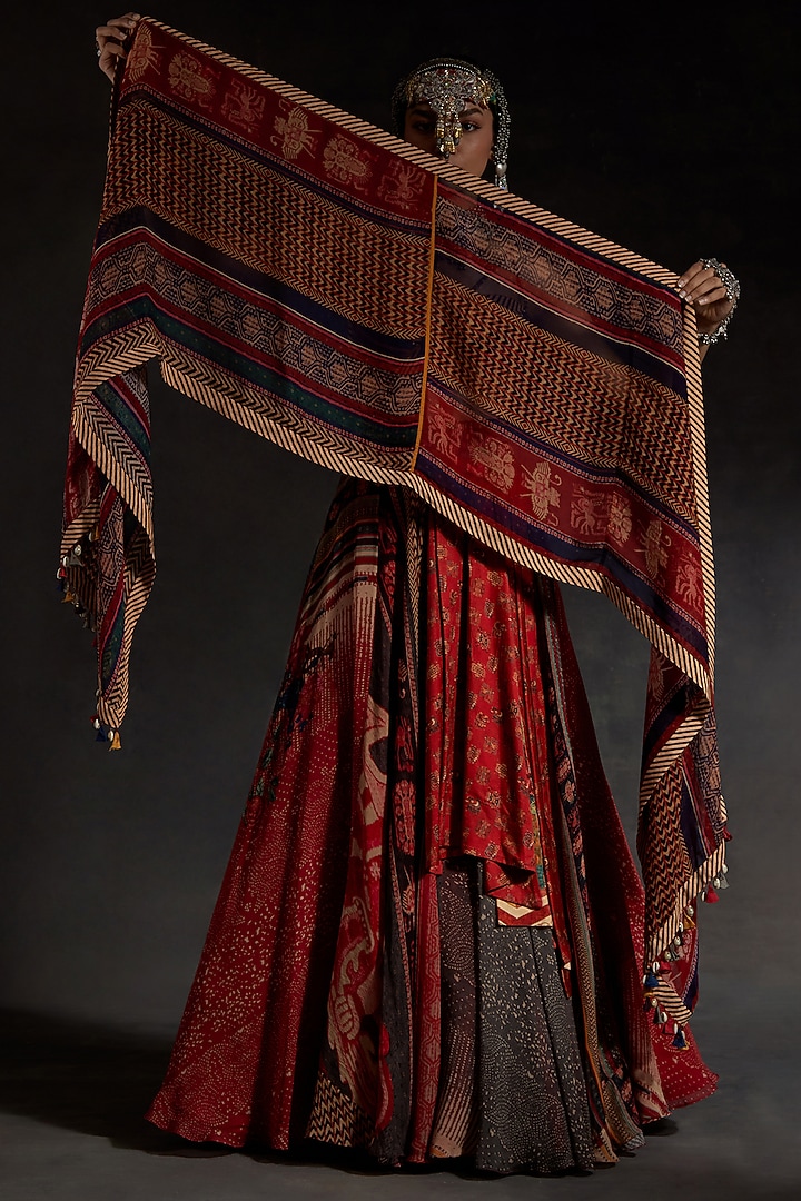 Sindoor Red Sheer Silk Printed Layered Skirt Set by ASEEM KAPOOR at Pernia's Pop Up Shop