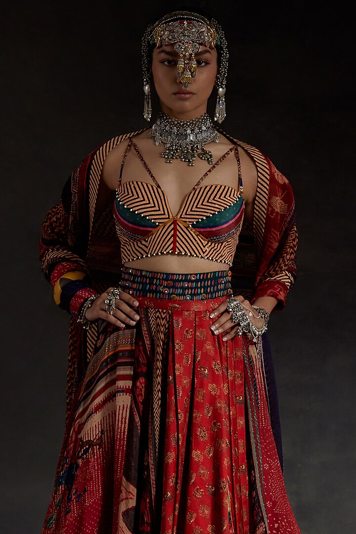 Sindoor Red Sheer Silk Printed Layered Skirt Set by ASEEM KAPOOR at Pernia's Pop Up Shop
