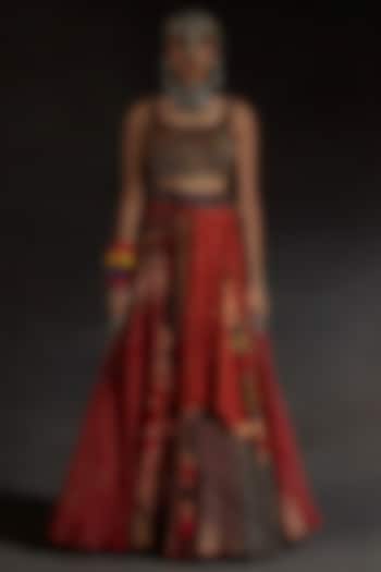 Sindoor Red Sheer Silk Printed Layered Skirt Set by ASEEM KAPOOR at Pernia's Pop Up Shop
