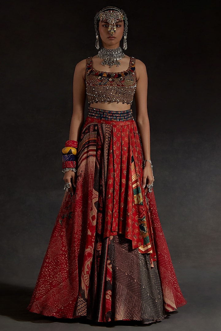 Sindoor Red Sheer Silk Printed Layered Skirt Set by ASEEM KAPOOR at Pernia's Pop Up Shop