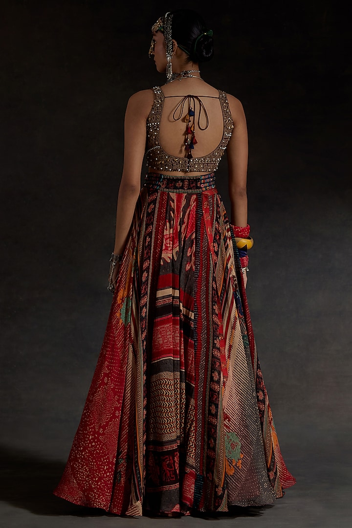 Sindoor Red Sheer Silk Printed Layered Skirt Set by ASEEM KAPOOR at Pernia's Pop Up Shop