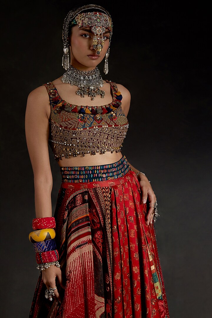 Sindoor Red Sheer Silk Printed Layered Skirt Set by ASEEM KAPOOR at Pernia's Pop Up Shop