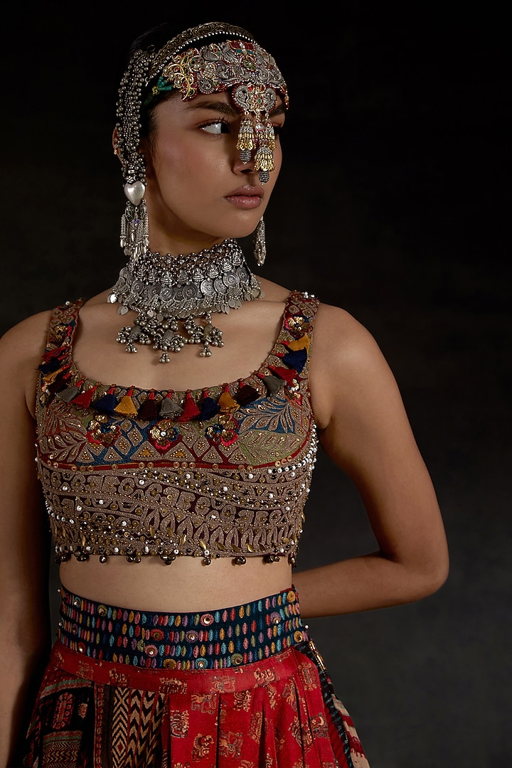 Sindoor Red Sheer Silk Printed Layered Skirt Set by ASEEM KAPOOR at Pernia's Pop Up Shop