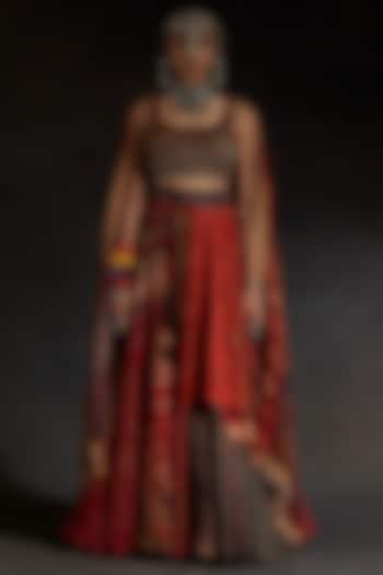 Sindoor Red Sheer Silk Printed Layered Skirt Set by ASEEM KAPOOR at Pernia's Pop Up Shop