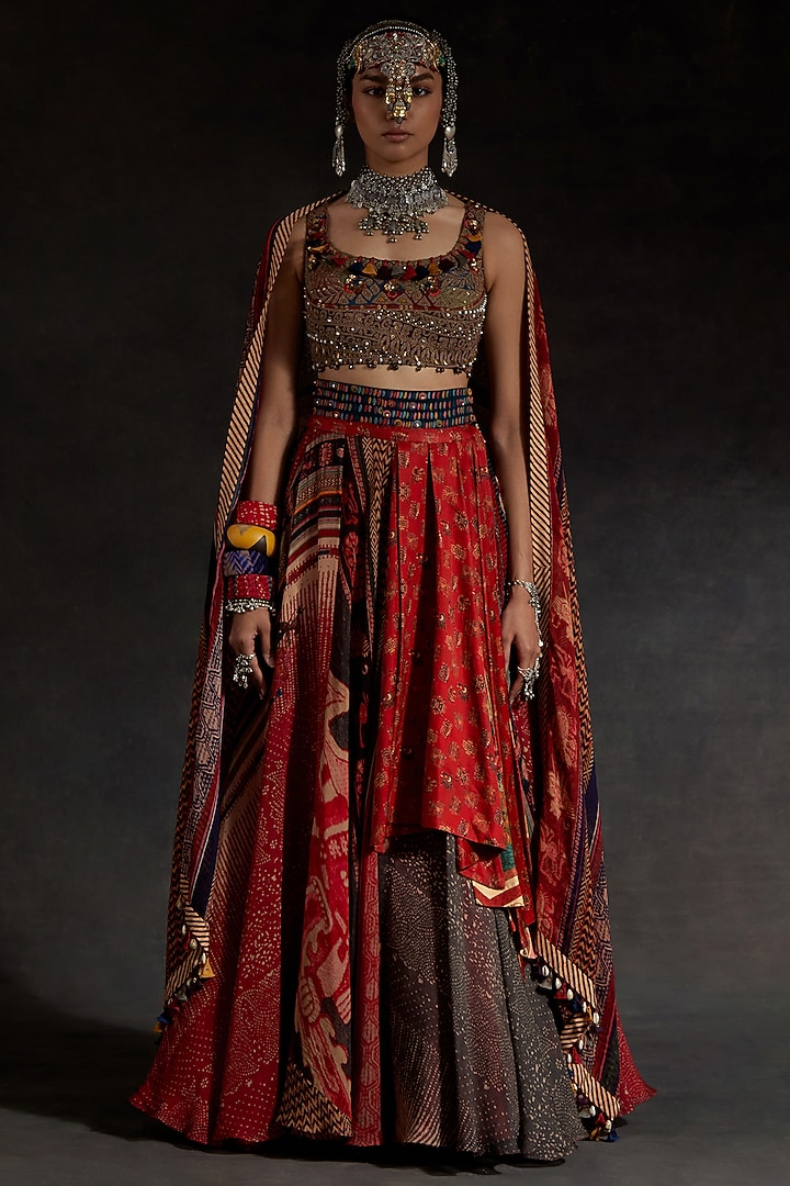 Sindoor Red Sheer Silk Printed Layered Skirt Set by ASEEM KAPOOR at Pernia's Pop Up Shop