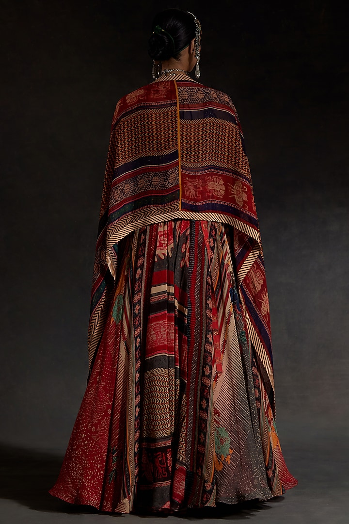 Sindoor Red Sheer Silk Printed Layered Skirt Set by ASEEM KAPOOR at Pernia's Pop Up Shop