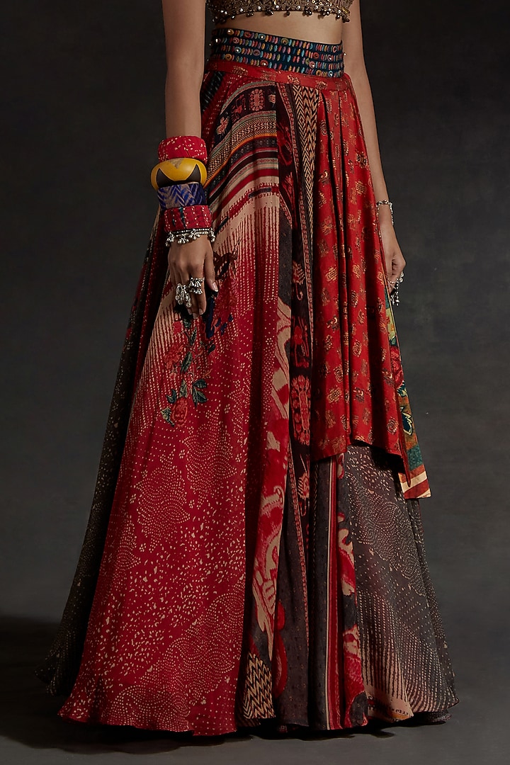 Sindoor Red Sheer Silk Printed Layered Skirt Set by ASEEM KAPOOR at Pernia's Pop Up Shop