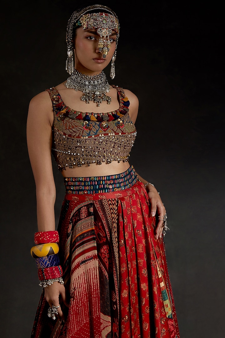 Sindoor Red Sheer Silk Printed Layered Skirt Set by ASEEM KAPOOR at Pernia's Pop Up Shop