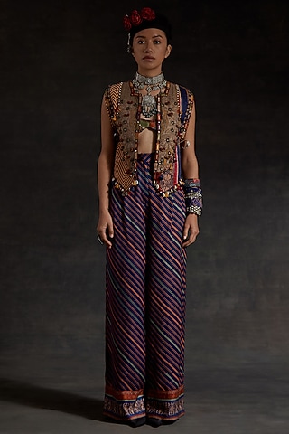 Multi-Colored Mushroom Twill Printed Gilet Set by ASEEM KAPOOR