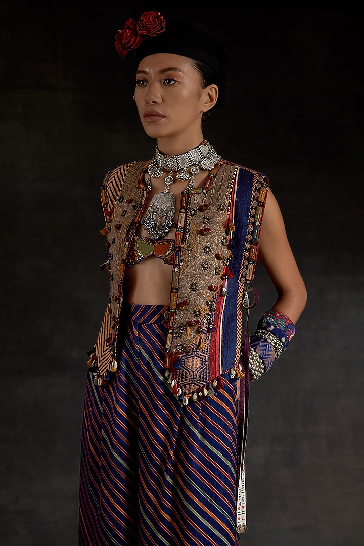 Multi-Colored Mushroom Twill Printed Gilet Set by ASEEM KAPOOR at Pernia's Pop Up Shop