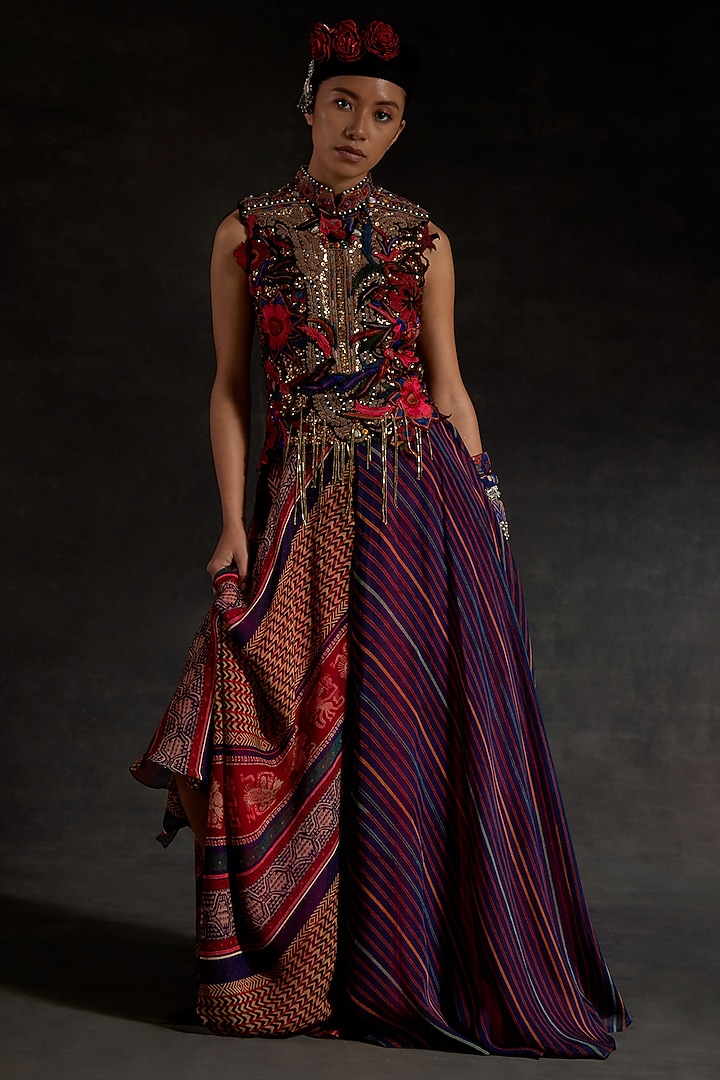 Multi-Colored Sheer Silk Printed Skirt Set by ASEEM KAPOOR at Pernia's Pop Up Shop