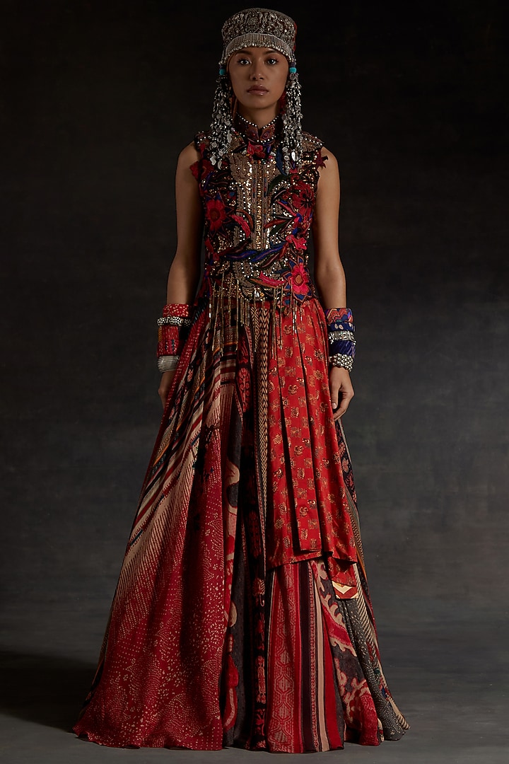 Multi-Colored Sheer Silk Printed Layered Skirt Set by ASEEM KAPOOR at Pernia's Pop Up Shop