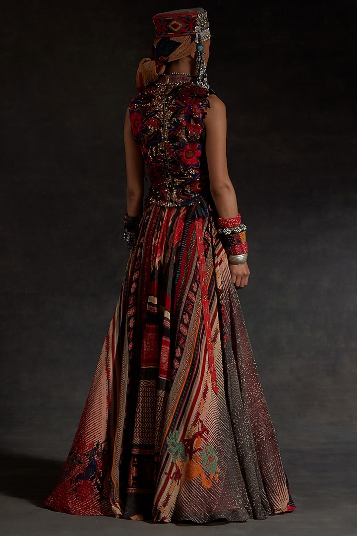 Multi-Colored Sheer Silk Printed Layered Skirt Set by ASEEM KAPOOR at Pernia's Pop Up Shop