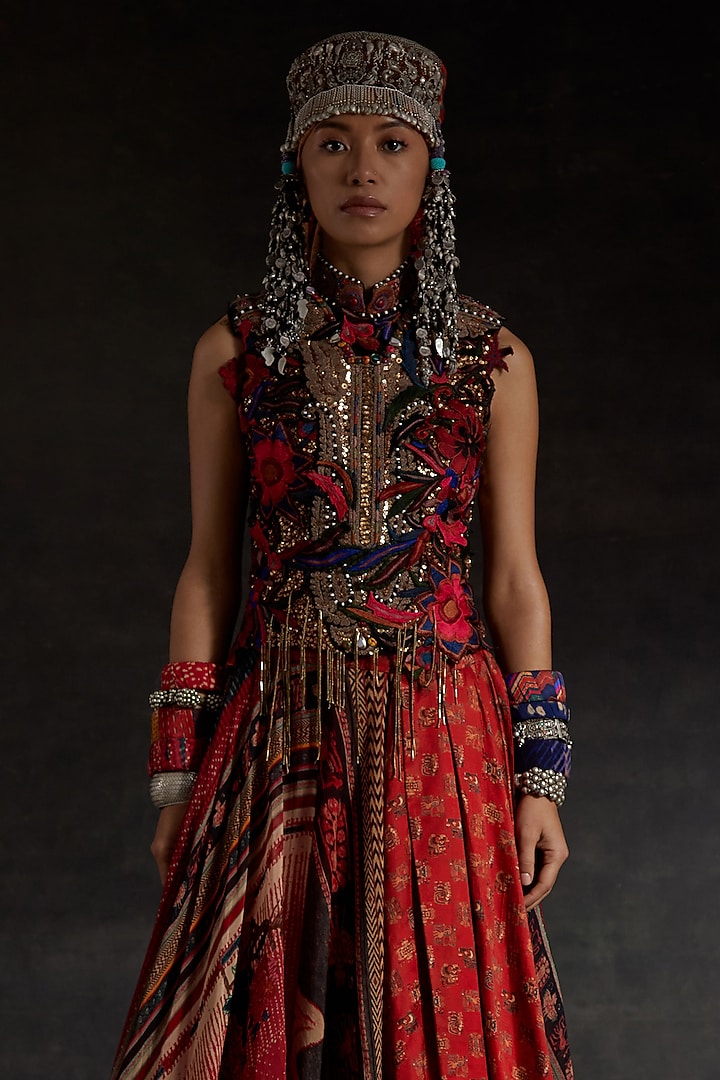 Multi-Colored Sheer Silk Printed Layered Skirt Set by ASEEM KAPOOR at Pernia's Pop Up Shop