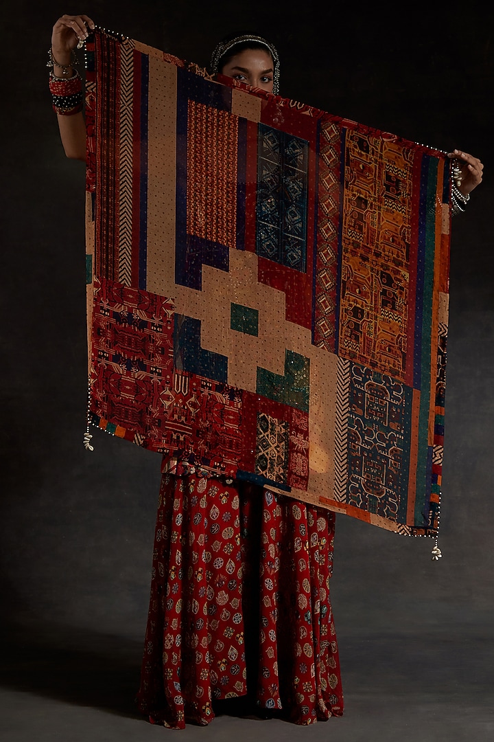 Multi-Colored Sheer Silk Geometric Printed Scarf by ASEEM KAPOOR at Pernia's Pop Up Shop