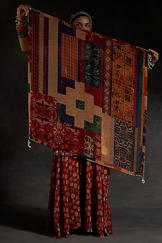 Multi-Colored Sheer Silk Geometric Printed Scarf by ASEEM KAPOOR
