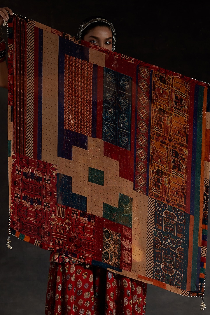 Multi-Colored Sheer Silk Geometric Printed Scarf by ASEEM KAPOOR at Pernia's Pop Up Shop