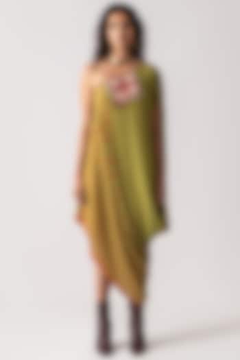 Fern Green Printed & Embroidered Draped Dress by ASEEM KAPOOR