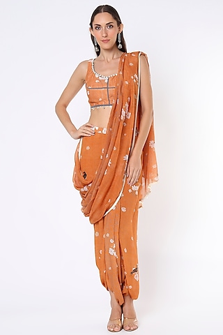 Orange Sheer Silk & Natural Crepe Draped Saree Set by Aseem kapoor