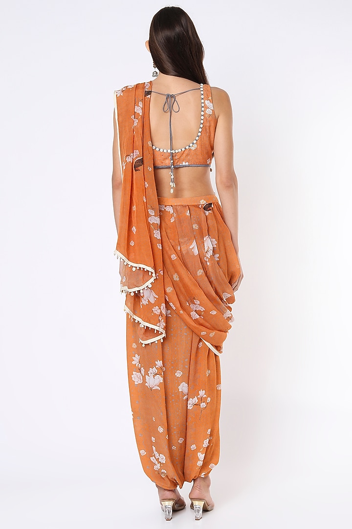 Orange Sheer Silk & Natural Crepe Draped Wedding Saree Set by Aseem kapoor at Pernia's Pop Up Shop