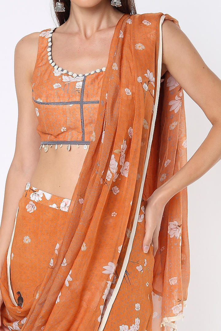 Orange Sheer Silk & Natural Crepe Draped Wedding Saree Set by Aseem kapoor at Pernia's Pop Up Shop