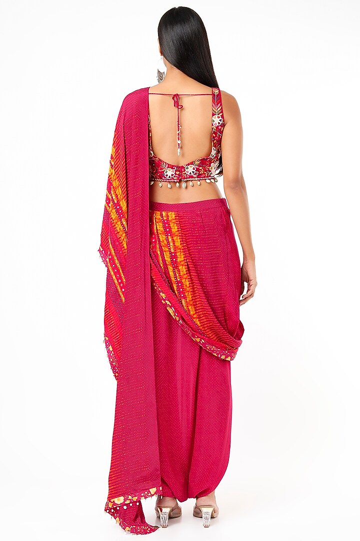 Fuchsia Natural Crepe Textured Printed Drape Wedding Saree Set by Aseem kapoor at Pernia's Pop Up Shop