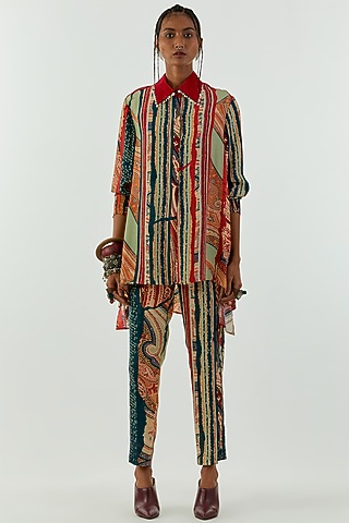 Multi-Colored Linen Satin Printed Pant Set by ASEEM KAPOOR