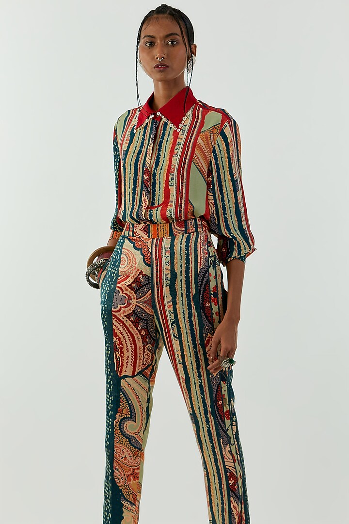 Multi-Colored Linen Satin Printed Pant Set by ASEEM KAPOOR at Pernia's Pop Up Shop