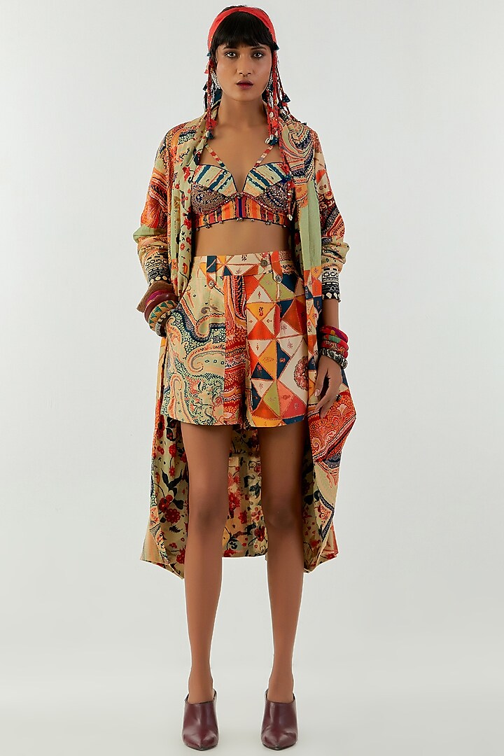 Multi-Colored Mushroom Twill Printed Trench Coat by ASEEM KAPOOR