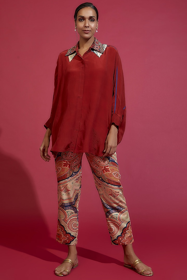 Multi-Colored Satin Linen Printed Pant Set by ASEEM KAPOOR at Pernia's Pop Up Shop