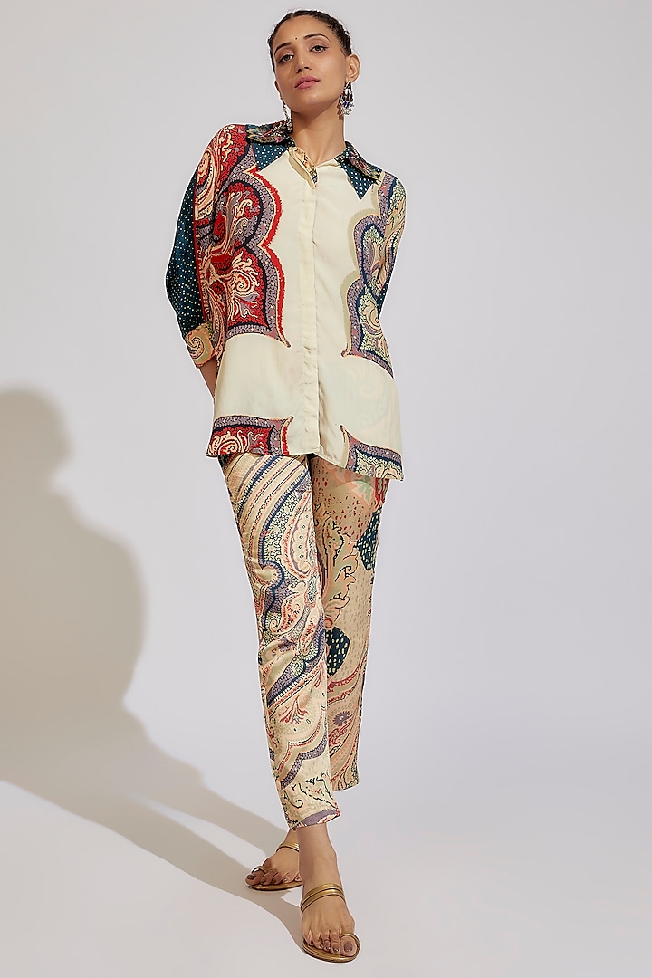 Multi-Colored Satin Linen Printed Pant Set by ASEEM KAPOOR