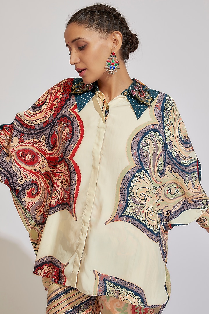 Multi-Colored Satin Linen Printed Pant Set by ASEEM KAPOOR at Pernia's Pop Up Shop