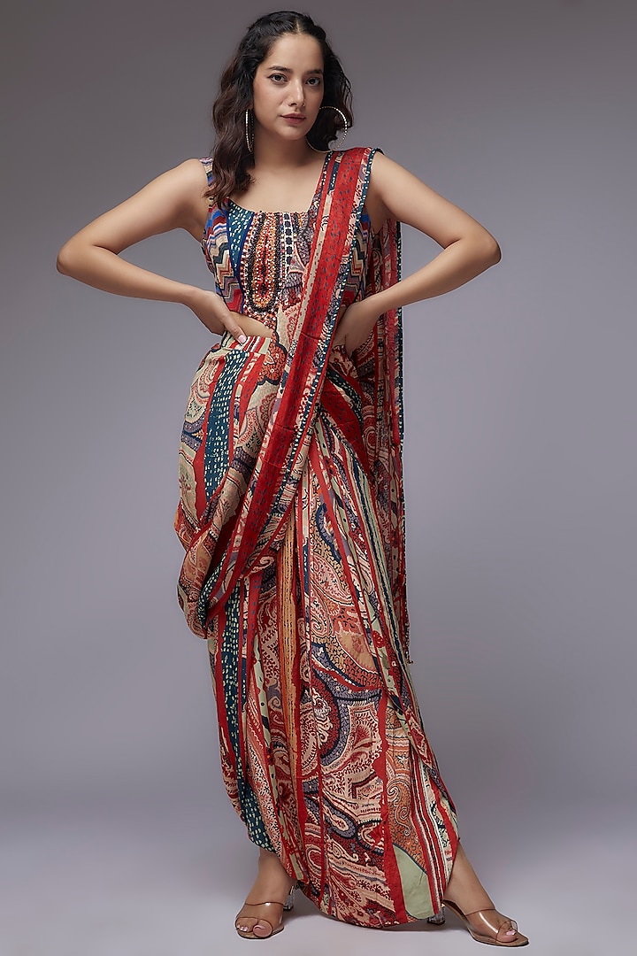 Multi-Colored Natural Crepe Printed Draped Saree Set Design by ASEEM ...