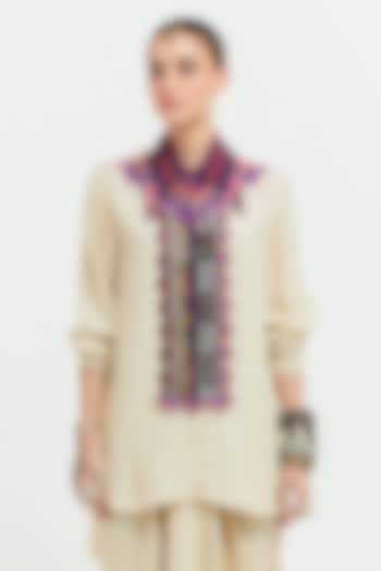 White Natural Crepe Bead Embroidered Shirt by ASEEM KAPOOR