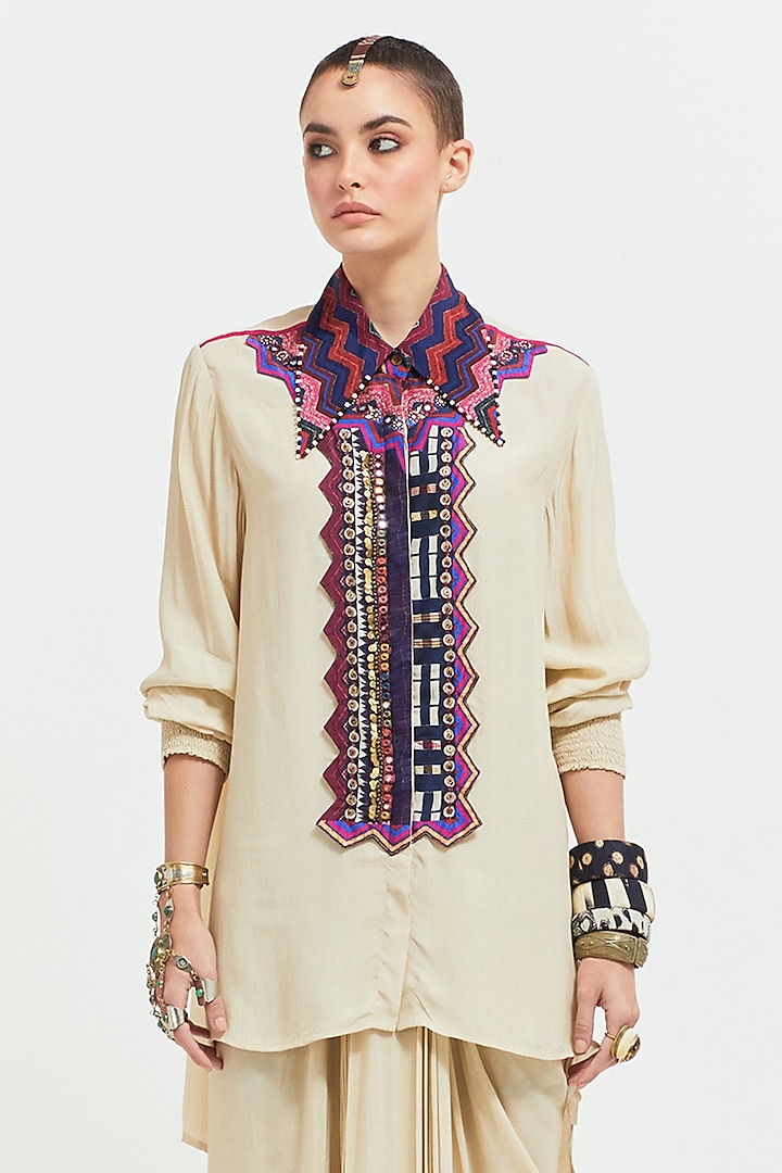White Natural Crepe Bead Embroidered Shirt by ASEEM KAPOOR