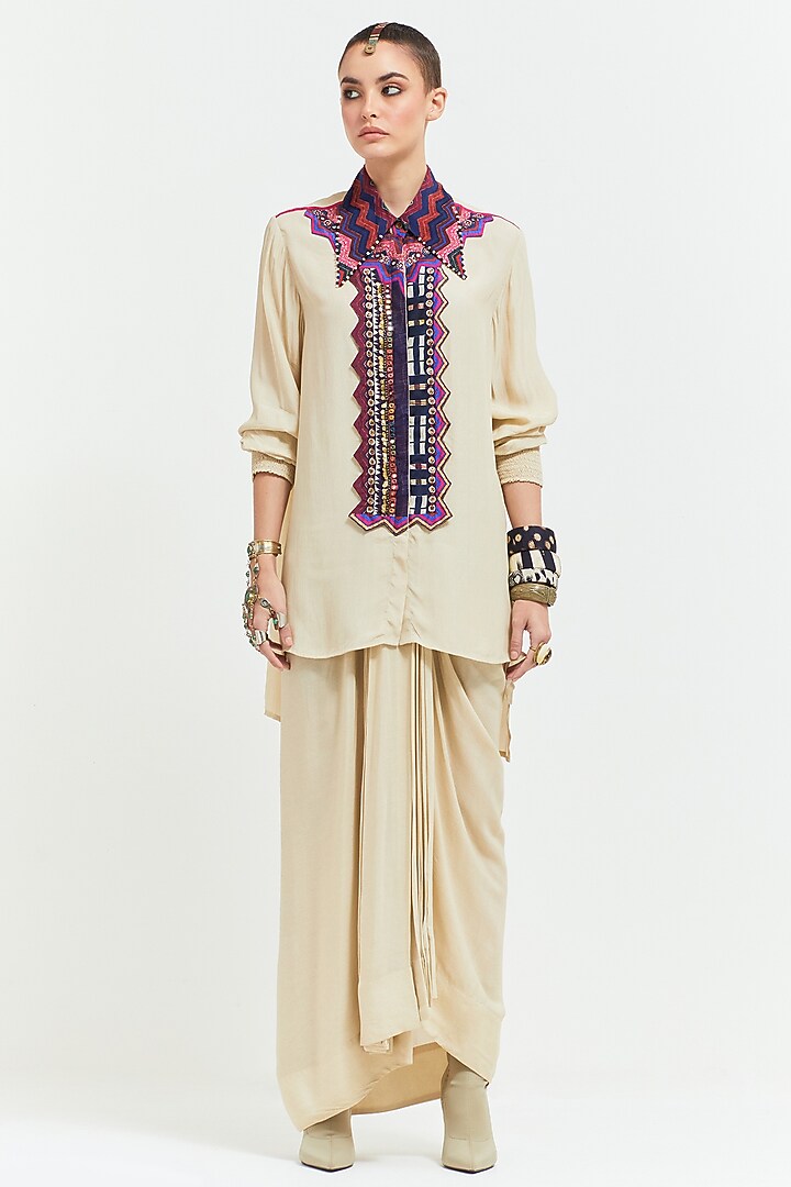 White Natural Crepe Bead Embroidered Shirt by ASEEM KAPOOR at Pernia's Pop Up Shop