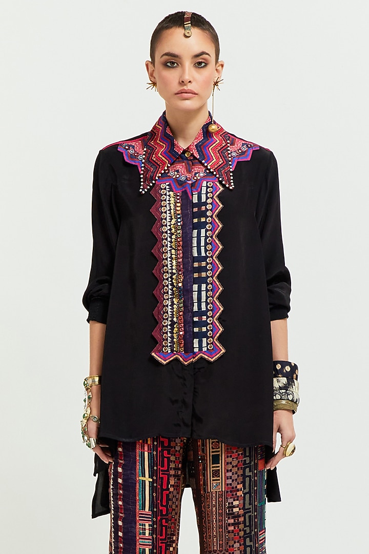 Black Slub Satin Printed Co-Ord Set by ASEEM KAPOOR at Pernia's Pop Up Shop
