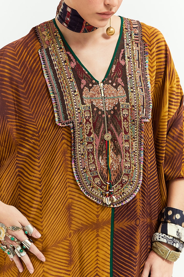 Topaz Yellow Slub Satin Shibori Printed & Resham Embroidered Tunic Set by ASEEM KAPOOR at Pernia's Pop Up Shop