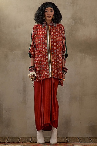Sindoor Red Natural Crepe Trapeze Printed & Embroidered Shirt by ASEEM KAPOOR