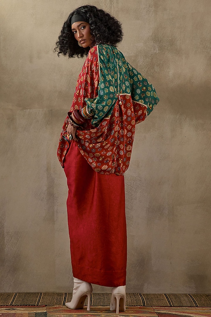 Sindoor Red Natural Crepe Trapeze Printed & Embroidered Shirt by ASEEM KAPOOR at Pernia's Pop Up Shop