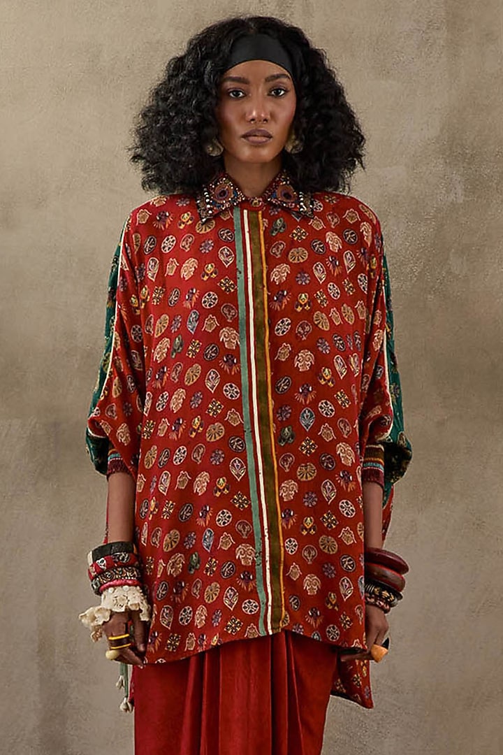 Sindoor Red Natural Crepe Trapeze Printed & Embroidered Shirt by ASEEM KAPOOR at Pernia's Pop Up Shop
