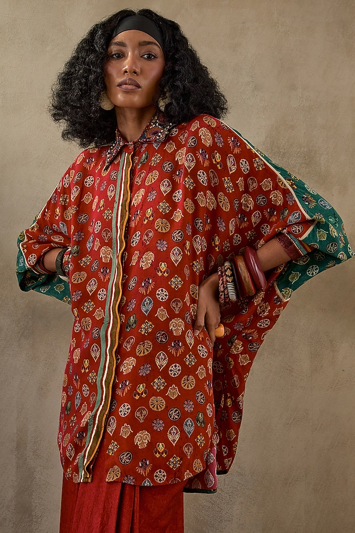 Sindoor Red Natural Crepe Trapeze Printed & Embroidered Shirt by ASEEM KAPOOR at Pernia's Pop Up Shop