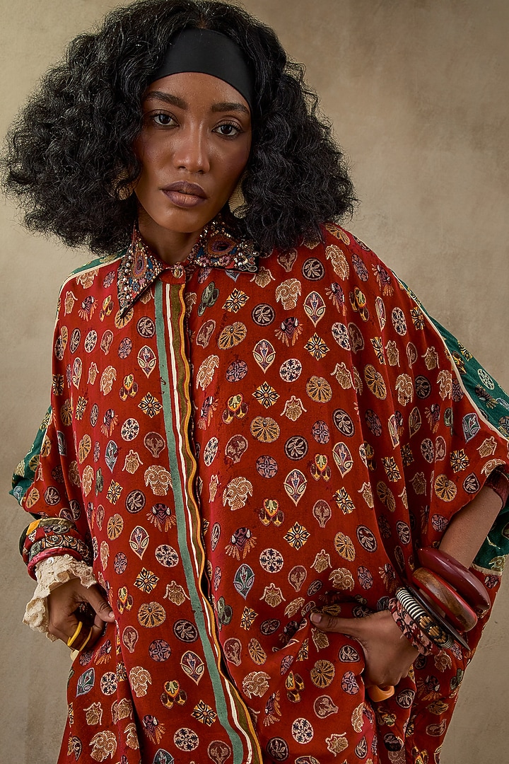 Sindoor Red Natural Crepe Trapeze Printed & Embroidered Shirt by ASEEM KAPOOR at Pernia's Pop Up Shop